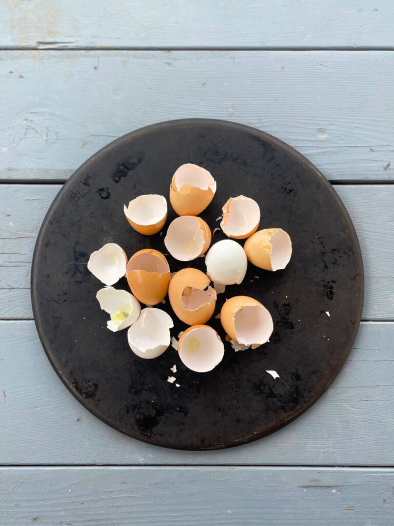 broken eggshells on a stone baking pan