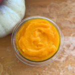 overhead shot of pumpkin puree in a bowl