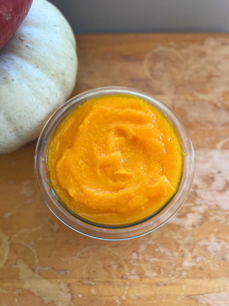 close up of pumpkin puree in a bowl