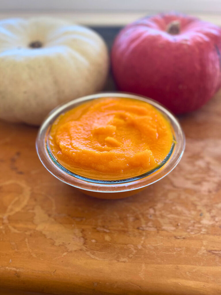 pumpkin puree in a bowl with pumpkins in the background