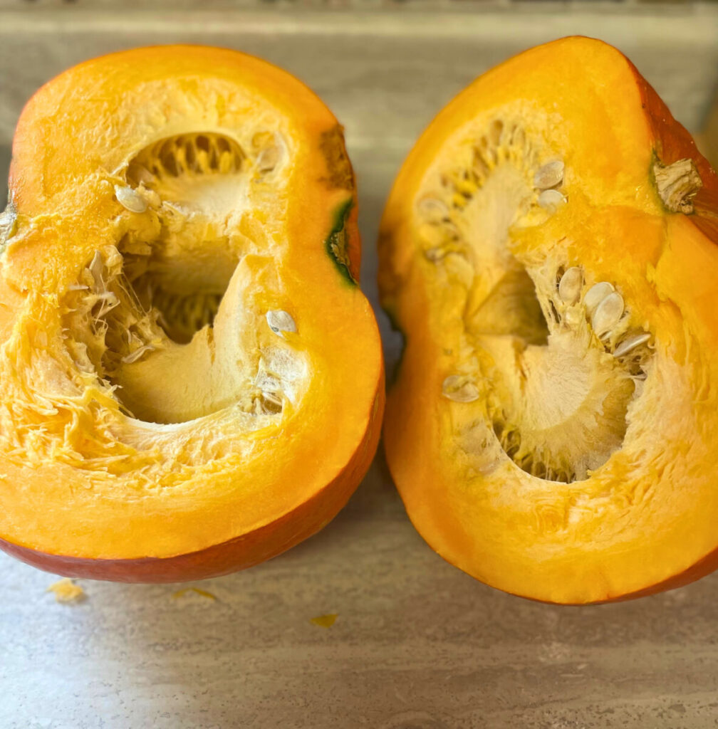 a pumpkin cut in half