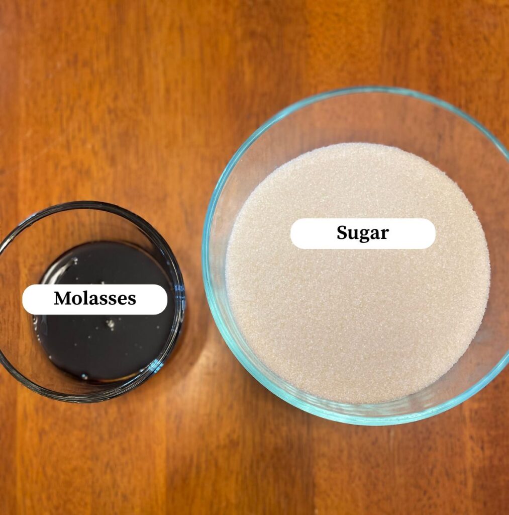 a bowl of molasses and a bowl of sugar