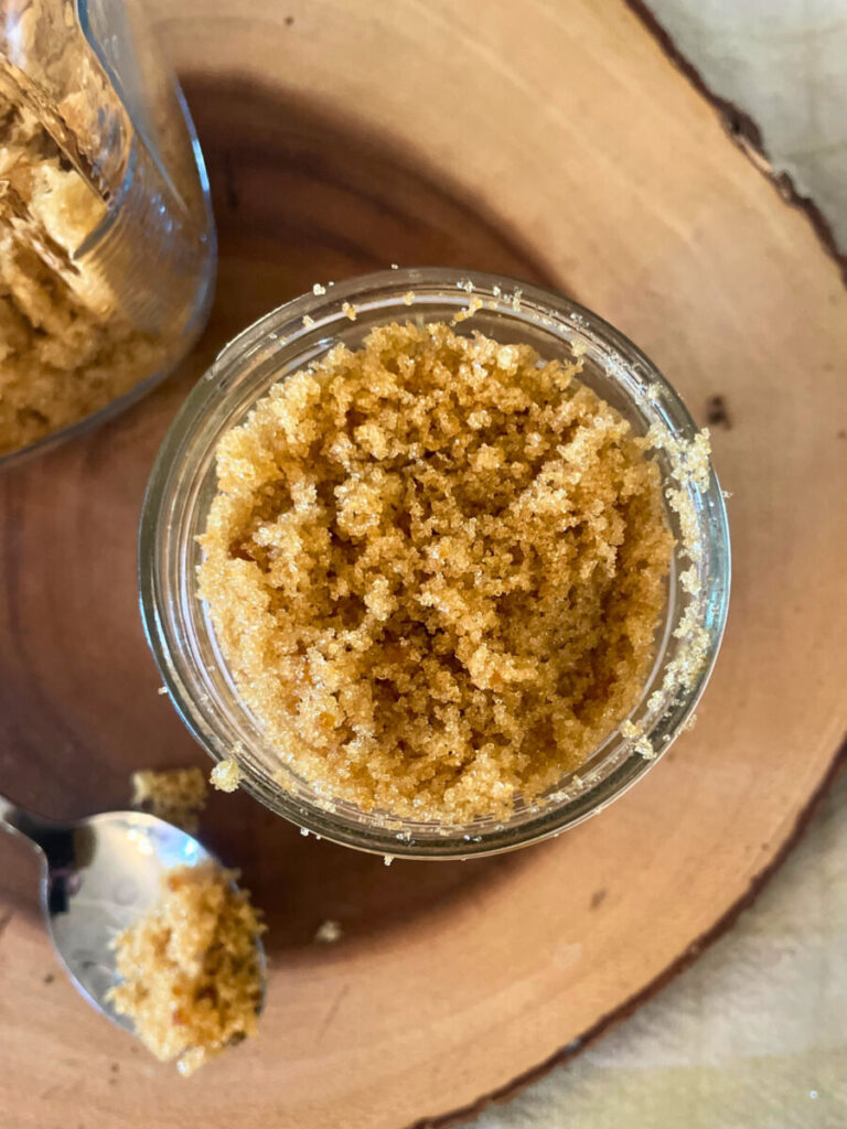 close-up of homemade brown sugar in a glass jar