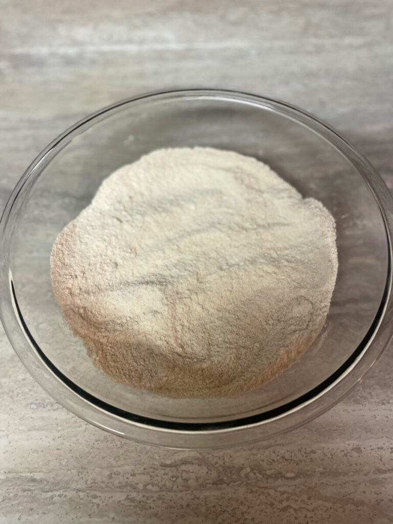 glass bowl of dry ingredients